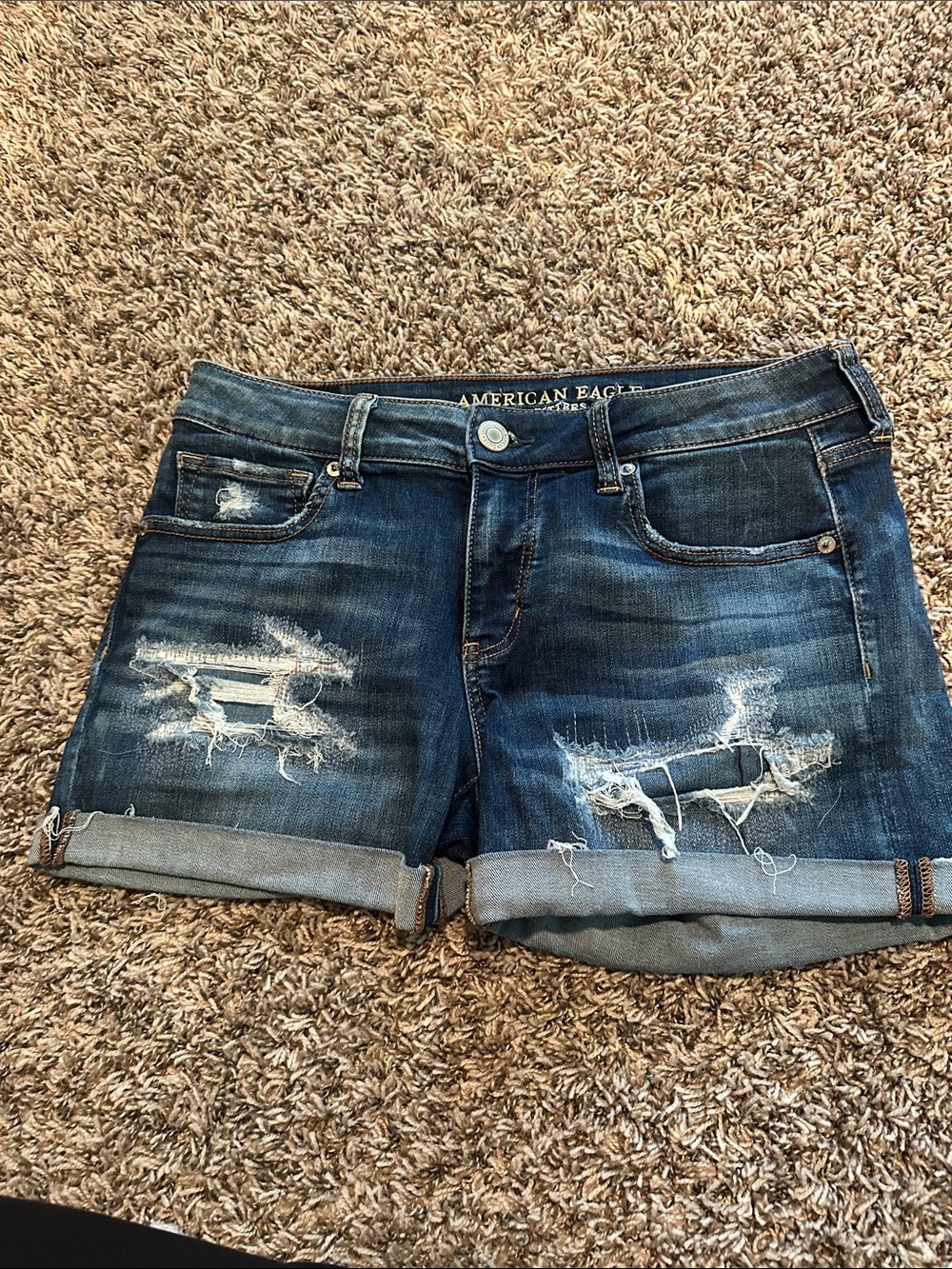 American Eagle Outfitters Dark Blue Distressed Roll-Hem Jean Shorts